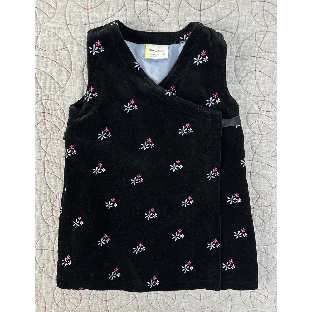 Hanna Andersson Black Velvet Wrap Dress Sz 70 Embroidered Flowers / Toddler 3T